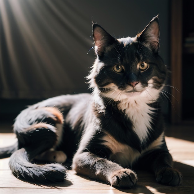 een zwart-witte kat zit op de grond