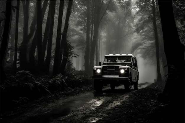 een zwart-witte landrover rijdt door een bos