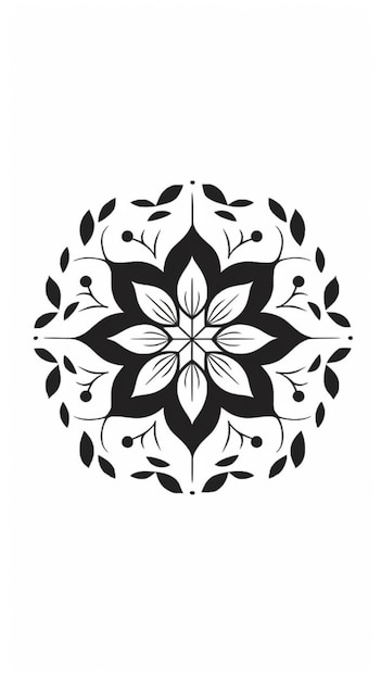 Een zwart-witte mandala met bladeren en bloemen.