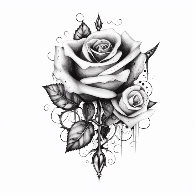 Foto een zwart-witte roos tatoeage ontwerp met een dolk generatieve ai
