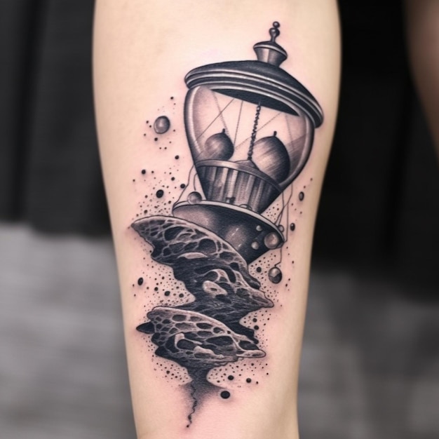 een zwart-witte tatoeage van een vuurtoren met golven die eruit komen generatieve ai