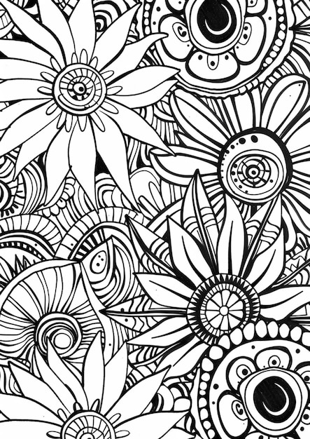 een zwart-witte tekening van bloemen en bladeren
