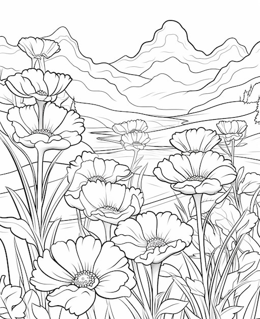 een zwart-witte tekening van bloemen in een veld generatieve ai