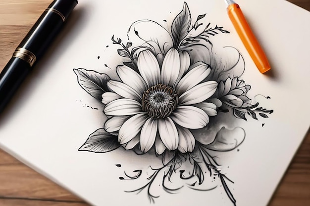 een zwart-witte tekening van bloemen met de woorden daisies aan de zijkant