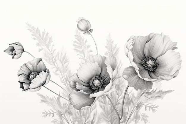 een zwart-witte tekening van bloemen met de woorden "wild" bovenaan.