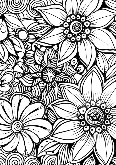 een zwart-witte tekening van bloemen met een zwarte achtergrond