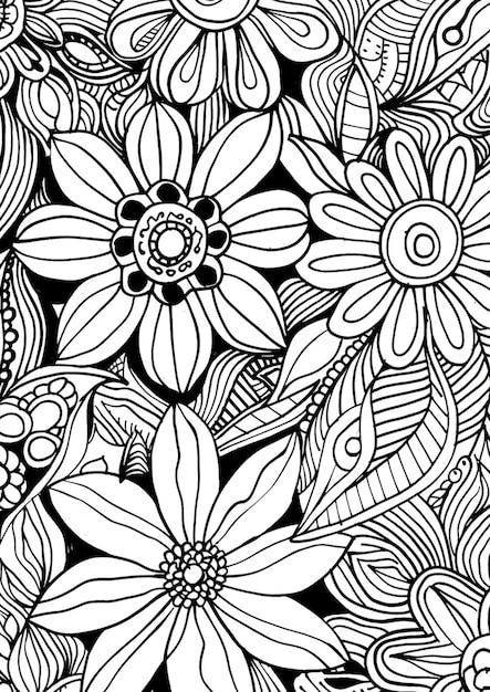 een zwart-witte tekening van bloemen met een zwarte achtergrond