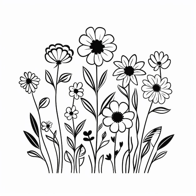Een zwart-witte tekening van bloemen op een witte achtergrond