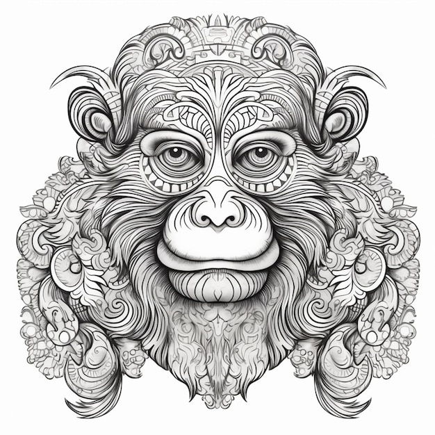een zwart-witte tekening van een aap met een baard generatieve ai