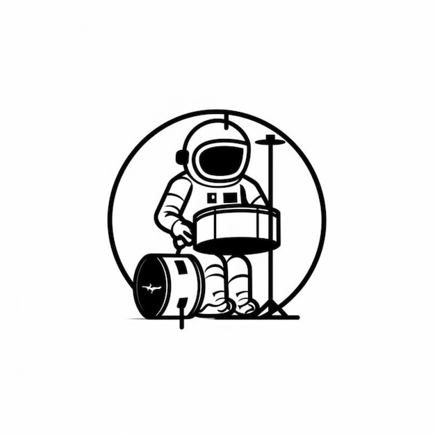 een zwart-witte tekening van een astronaut met een drum generatieve ai