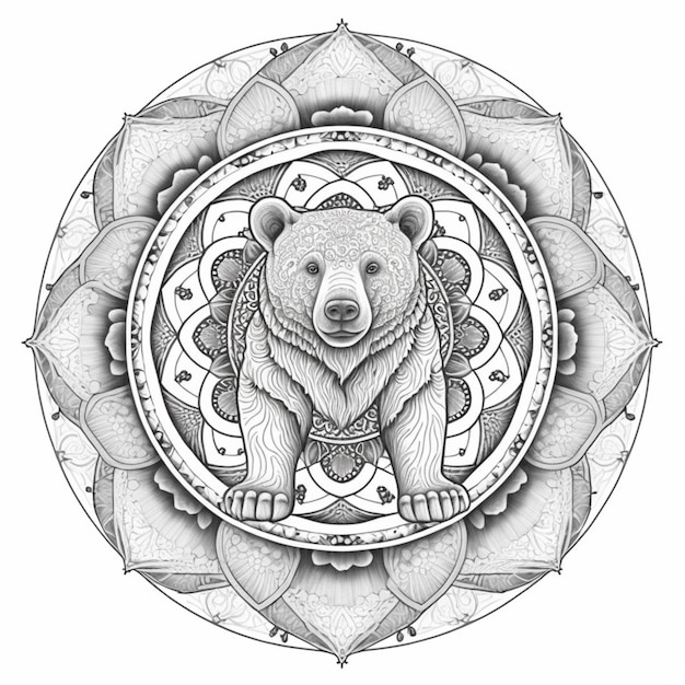 een zwart-witte tekening van een beer in een cirkelvormig frame generatieve ai