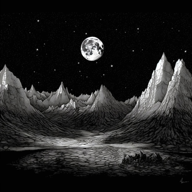 Een zwart-witte tekening van een bergketen met een volle maan generatieve ai