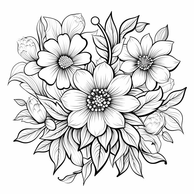 een zwart-witte tekening van een bloem met bladeren en bloemen