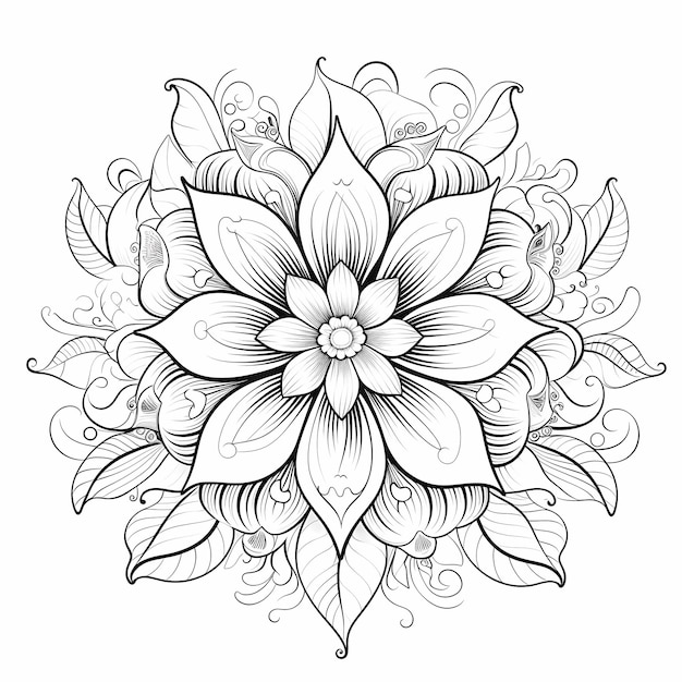 een zwart-witte tekening van een bloem met bladeren en bloemen