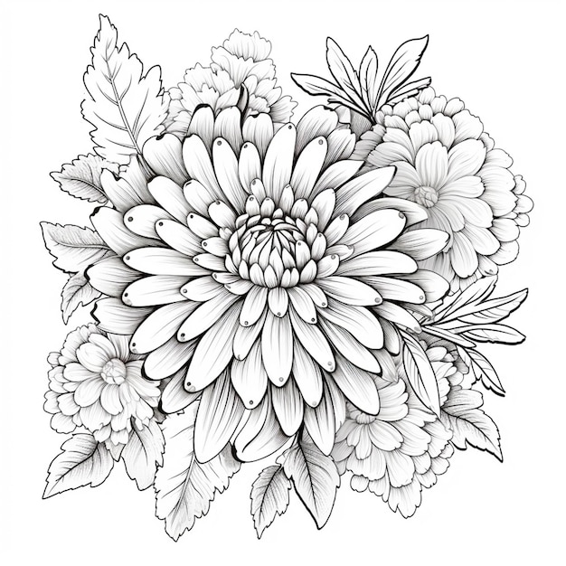 een zwart-witte tekening van een bloem met bladeren generatieve ai