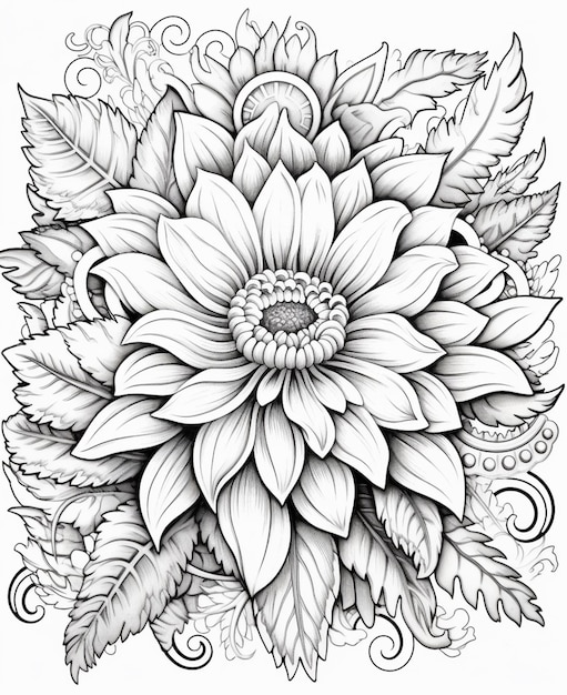 een zwart-witte tekening van een bloem met bladeren generatieve ai