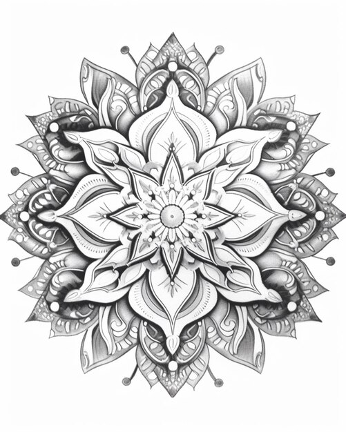 een zwart-witte tekening van een bloem met een groot midden generatieve ai