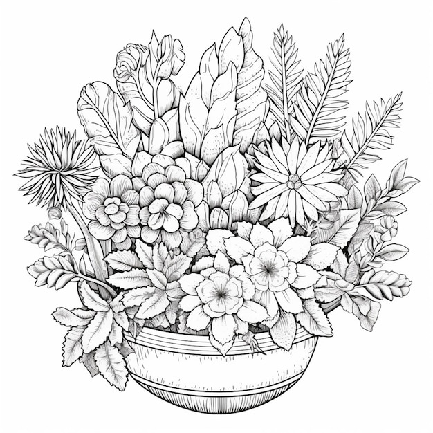 een zwart-witte tekening van een bloempot met bloemen generatieve ai