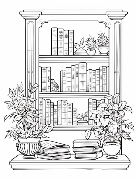 Foto een zwart-witte tekening van een boekenplank met boeken en planten generativ ai