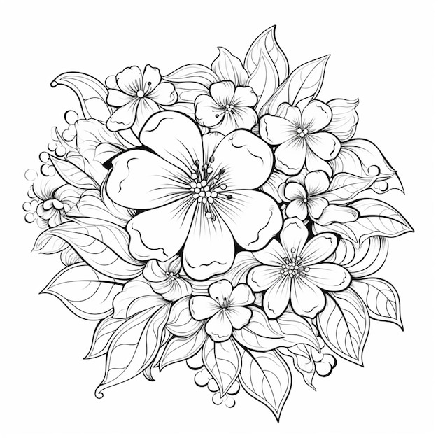 een zwart-witte tekening van een boeket bloemen generatieve ai