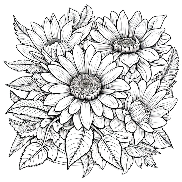 Een zwart-witte tekening van een boeket bloemen