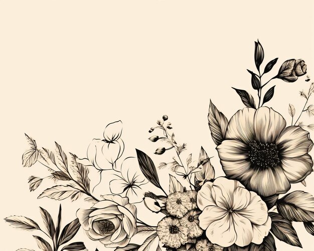Een zwart-witte tekening van een boeket bloemen