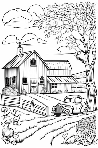 een zwart-witte tekening van een boerderij met een auto geparkeerd voor het generatieve ai