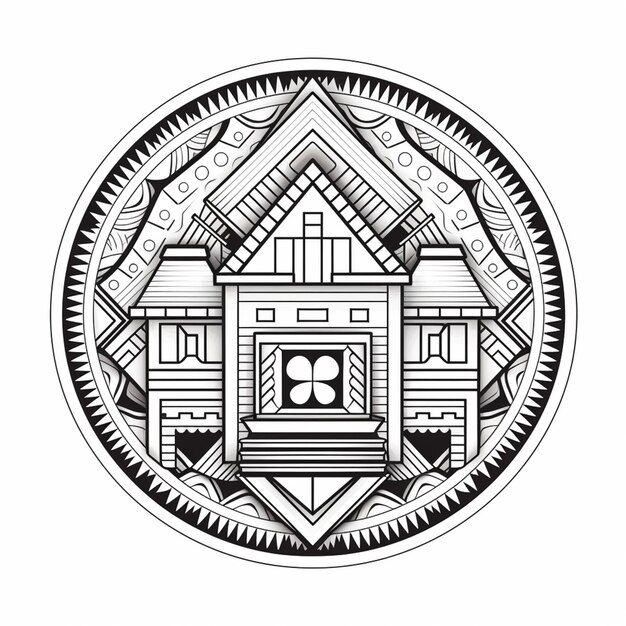 Foto een zwart-witte tekening van een cirkelvormig ontwerp met een huis generatief ai