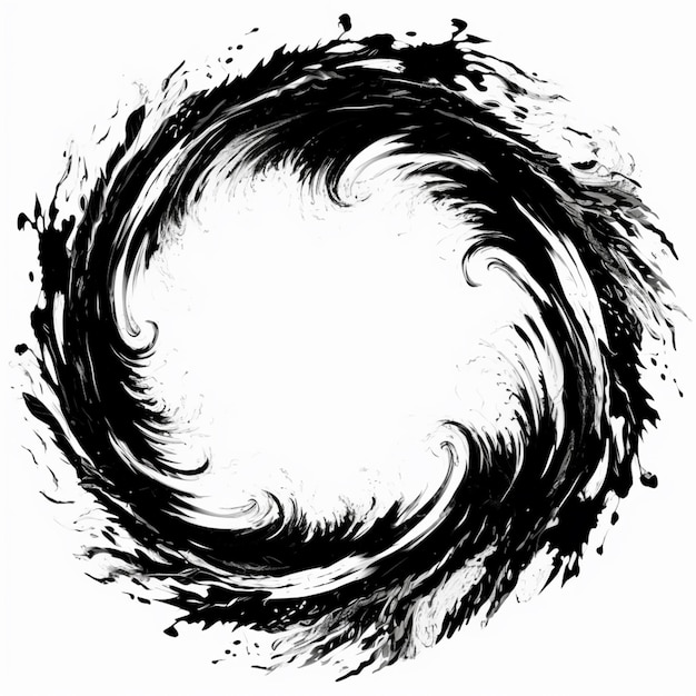 een zwart-witte tekening van een cirkelvormige vorm met inkt splats generatieve ai