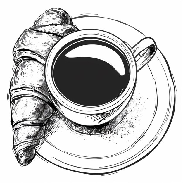 Foto een zwart-witte tekening van een croissant en koffie generatieve ai