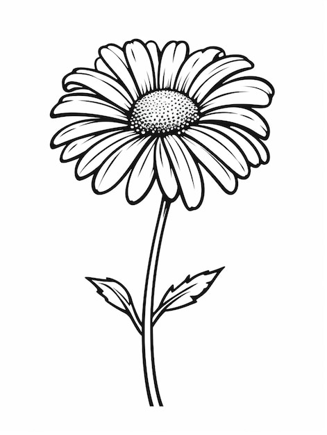 een zwart-witte tekening van een daisy bloem met bladeren generatieve ai