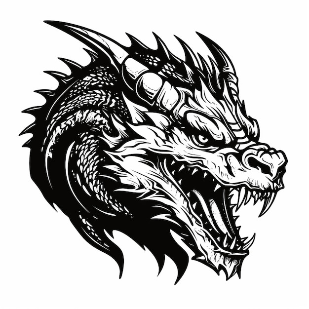 Foto een zwart-witte tekening van een draak hoofd met zijn mond open generatieve ai.