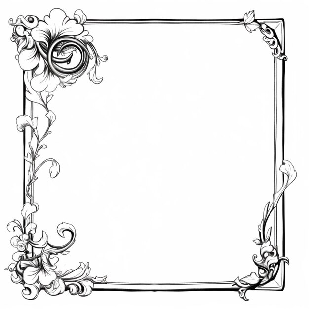 een zwart-witte tekening van een frame met bloemen generatieve ai