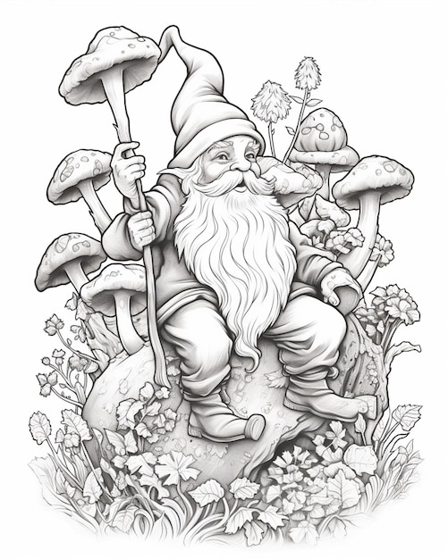 een zwart-witte tekening van een gnome die op een paddenstoel zit