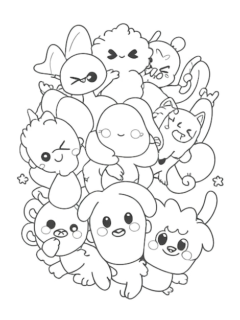 een zwart-witte tekening van een groep kleine dieren met een grote aan de onderkant
