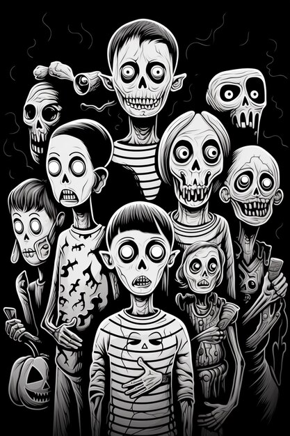 een zwart-witte tekening van een groep mensen met skeletten generatieve ai