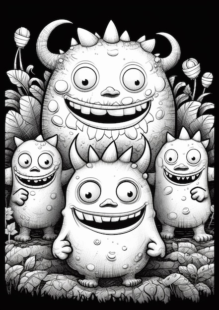 een zwart-witte tekening van een groep monsters generatieve ai