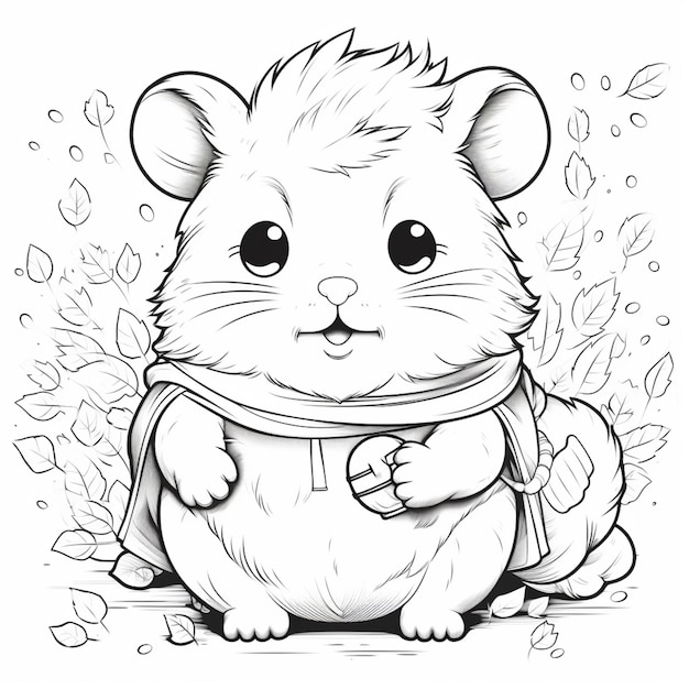 een zwart-witte tekening van een hamster met een rugzak generatieve ai