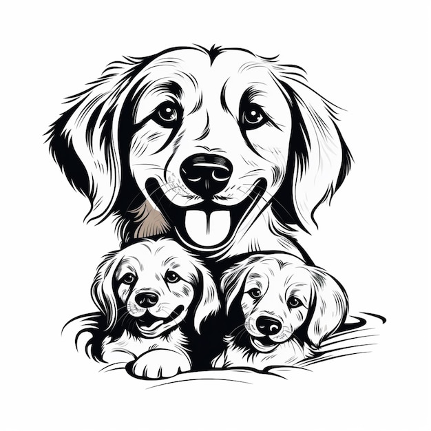 Foto een zwart-witte tekening van een hond met drie puppy's generatieve ai