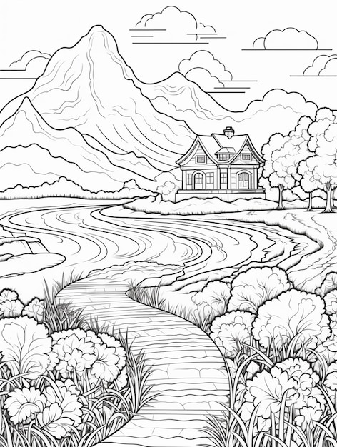 een zwart-witte tekening van een huis in de bergen generatieve ai