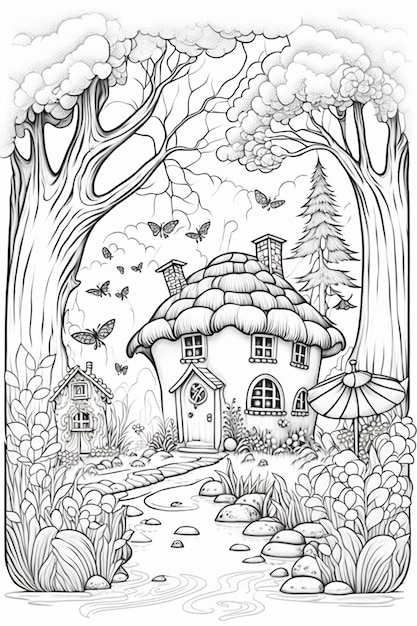 een zwart-witte tekening van een huis in het bos generatieve ai