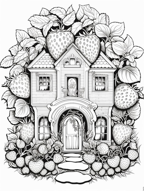 een zwart-witte tekening van een huis met aardbeien eromheen generatieve ai