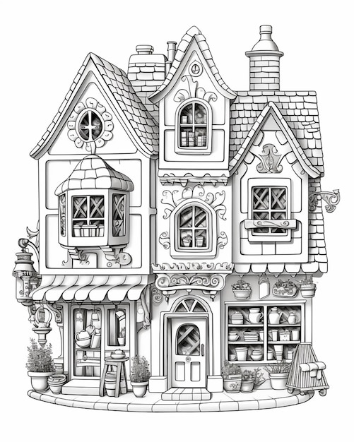 een zwart-witte tekening van een huis met een veranda generatieve ai