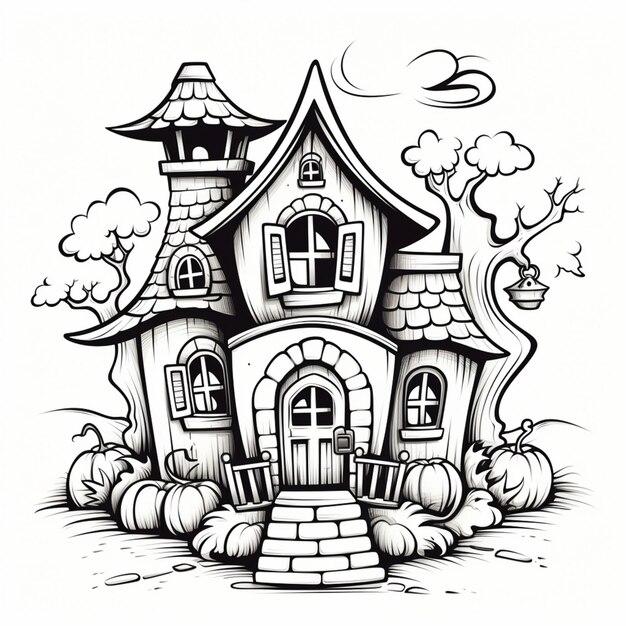 een zwart-witte tekening van een huis met pompoenen generatieve ai