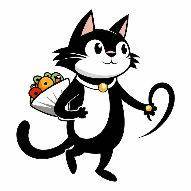 een zwart-witte tekening van een kat die een dienblad met bloemen draagt