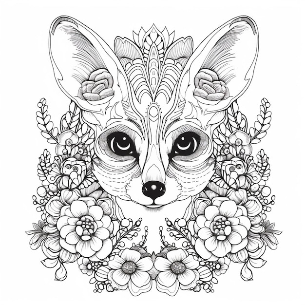 een zwart-witte tekening van een kat met bloemen eromheen generatieve ai