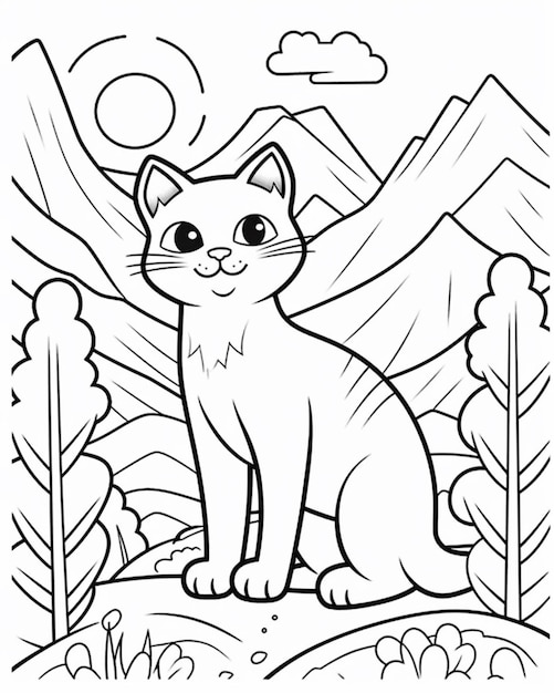 Een zwart-witte tekening van een kattenzitting in het gras generatieve ai