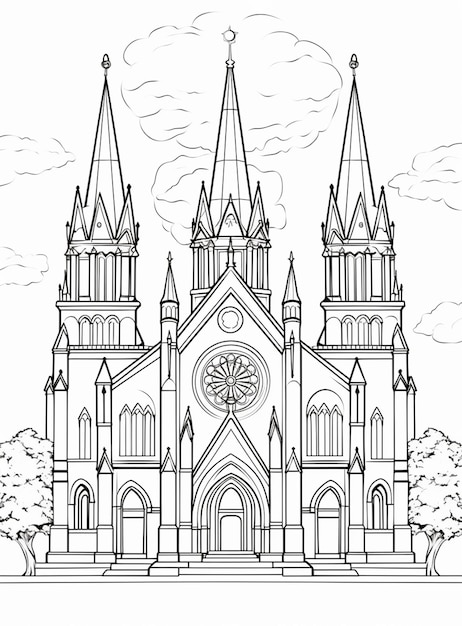 een zwart-witte tekening van een kerk met een kloktoren generatieve ai