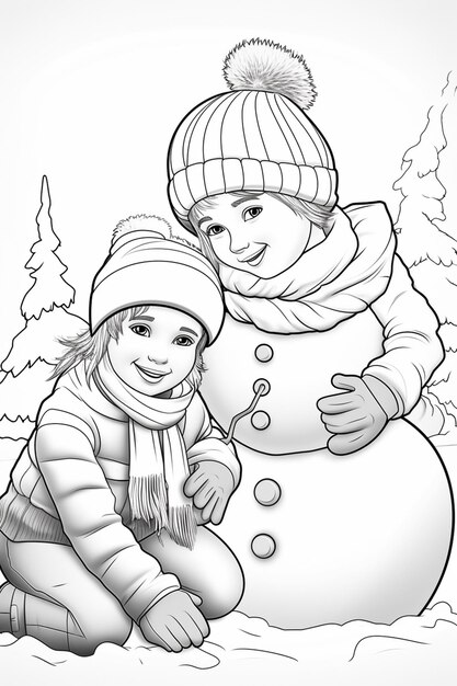 een zwart-witte tekening van een kind en een sneeuwman generatieve ai