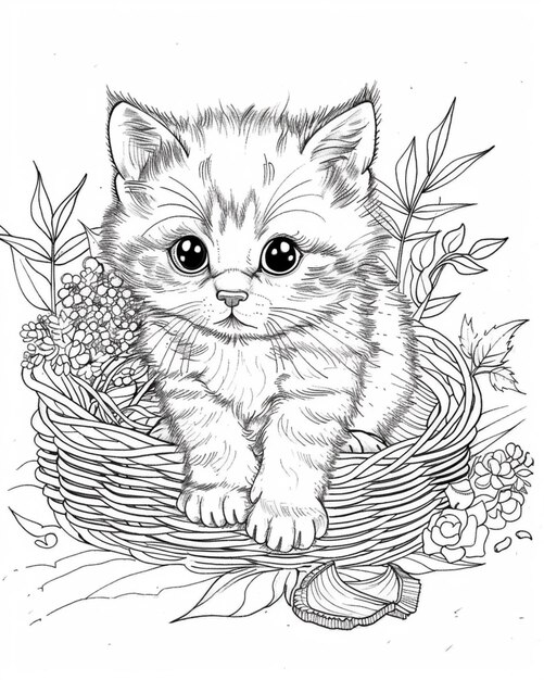 een zwart-witte tekening van een kitten die in een mand zit